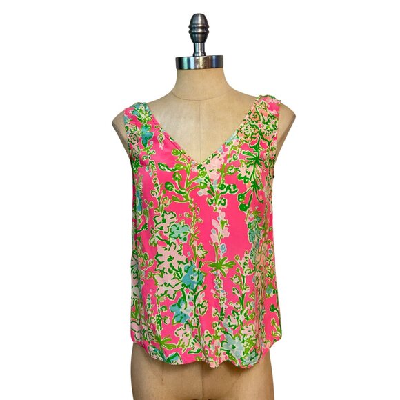 Lilly Pulitzer Southern Charm Pink Green Floral Silk Cipriani Tank Blouse XS - Picture 1 of 5